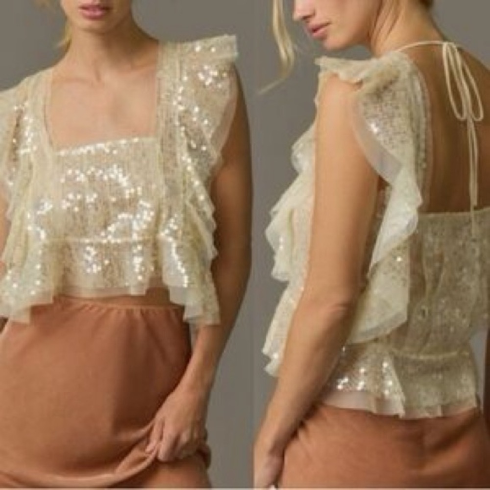 ANTHROPOLOGIE Women’s Whimsical Fairy Sequin Ruffle Bridal Top Cream NWOT XS